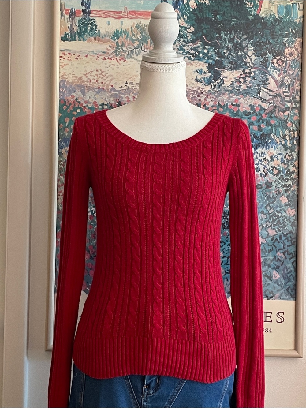 Vintage Y2K Cable Knit Sweater Womens Medium Red Preppy Old Money Country Club